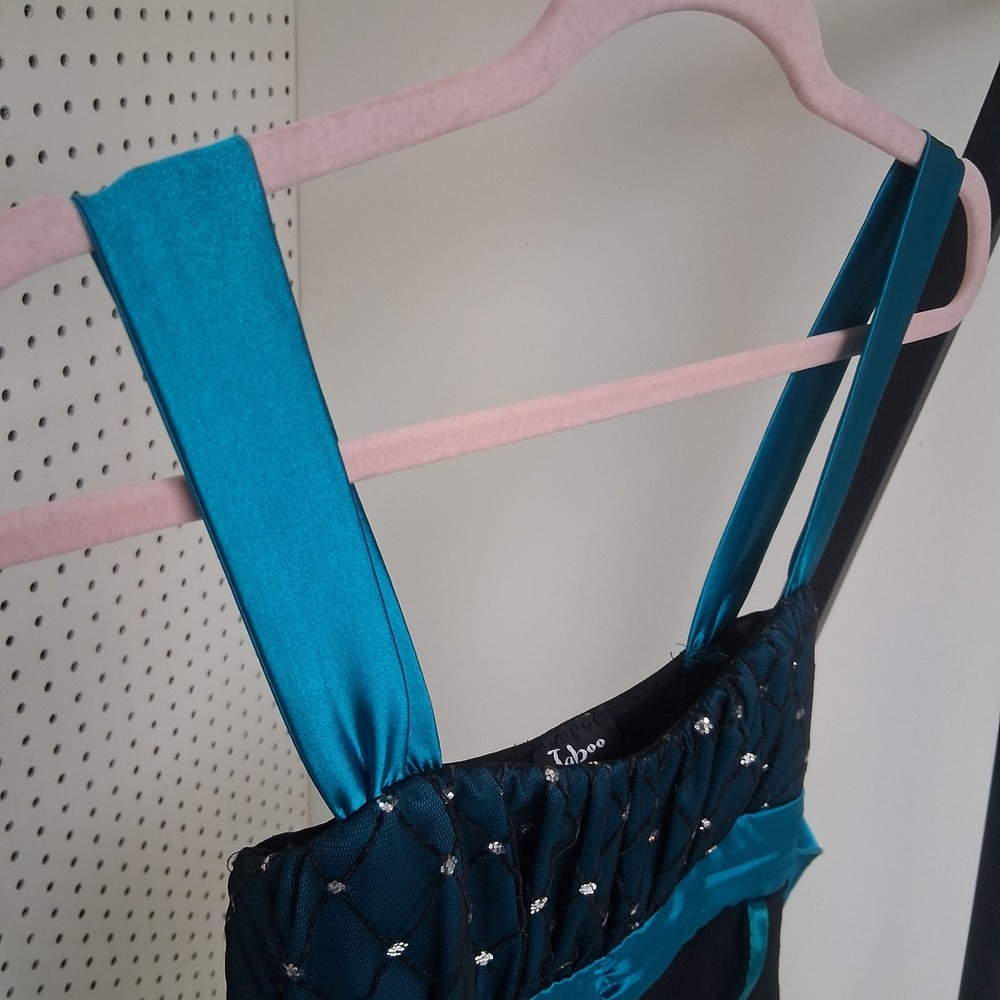 Vintage 90s Taboo Babydoll Teal Satin Black Dress Sm Tiered Glam‎ Partycore Y2K - Picture 4 of 11